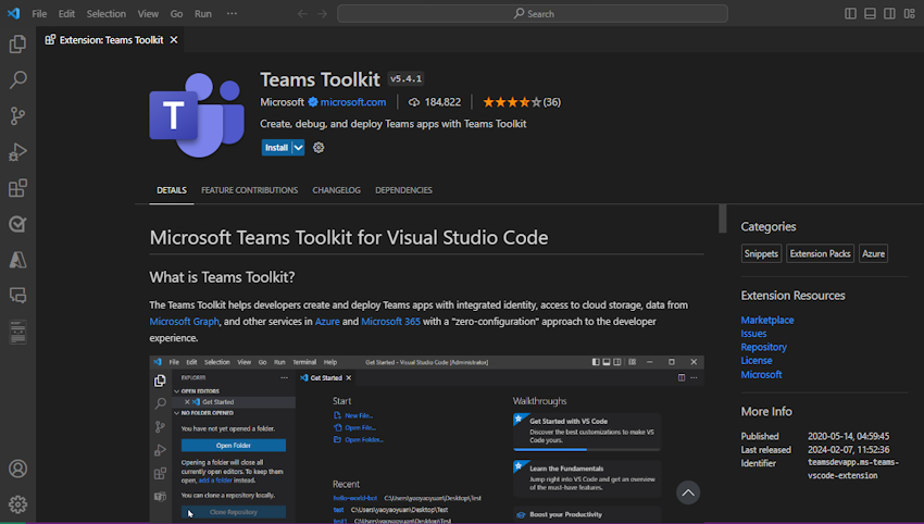 Capture d’écran montrant comment sélectionner Teams Toolkit dans Visual Studio Code.
